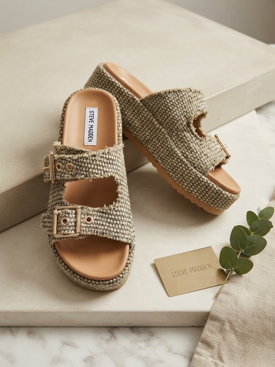 Steve Madden Shoes - Steve Madden Beige Woven Double-Buckle Platform Mules